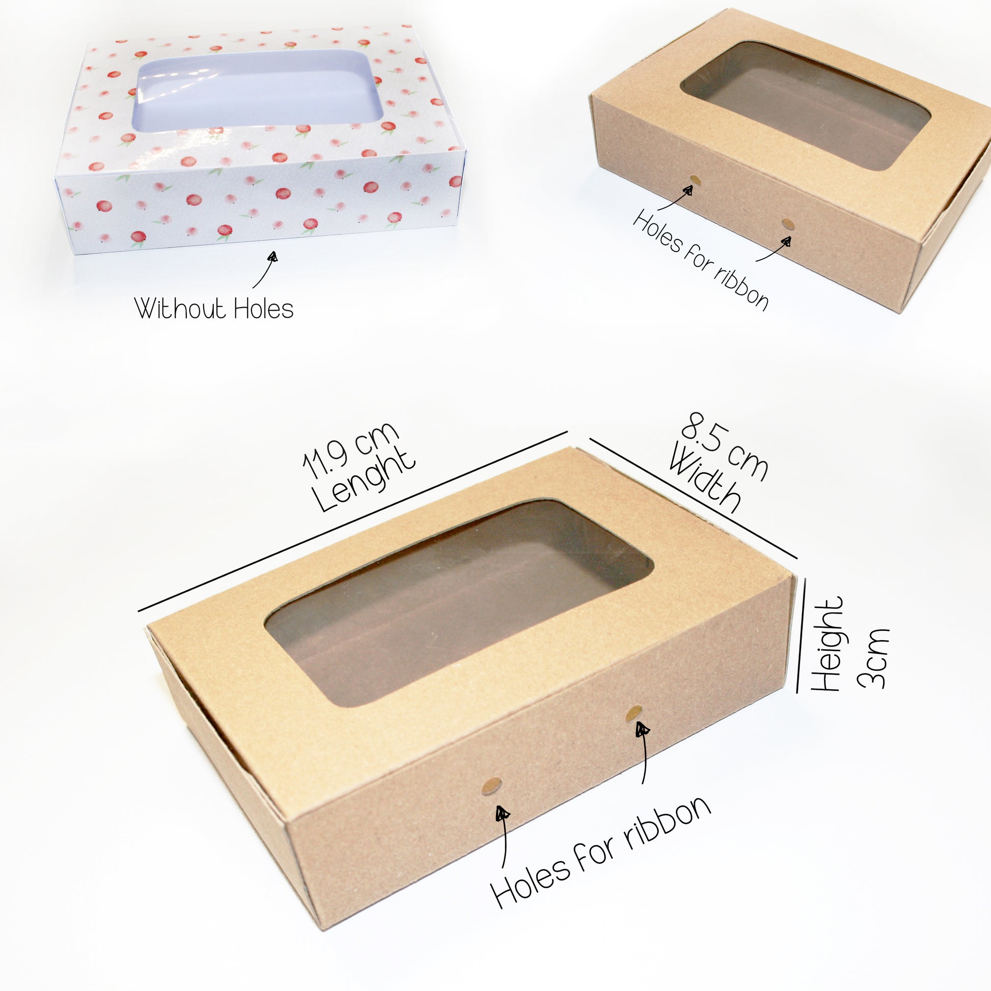 Two cardboard boxes with windowed design, one without holes and one with holes for ribbon, on a white background.