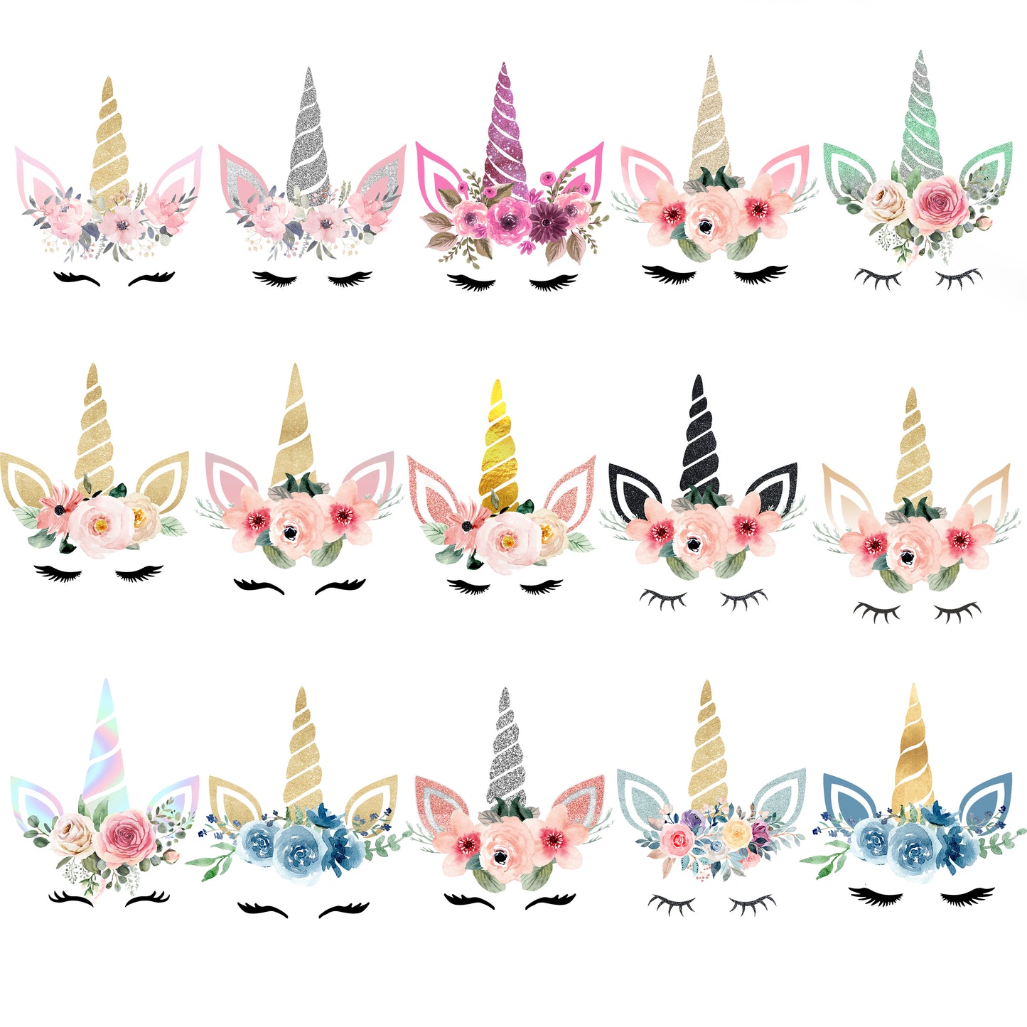 Set of unicorn headbands with floral decorations on a white background