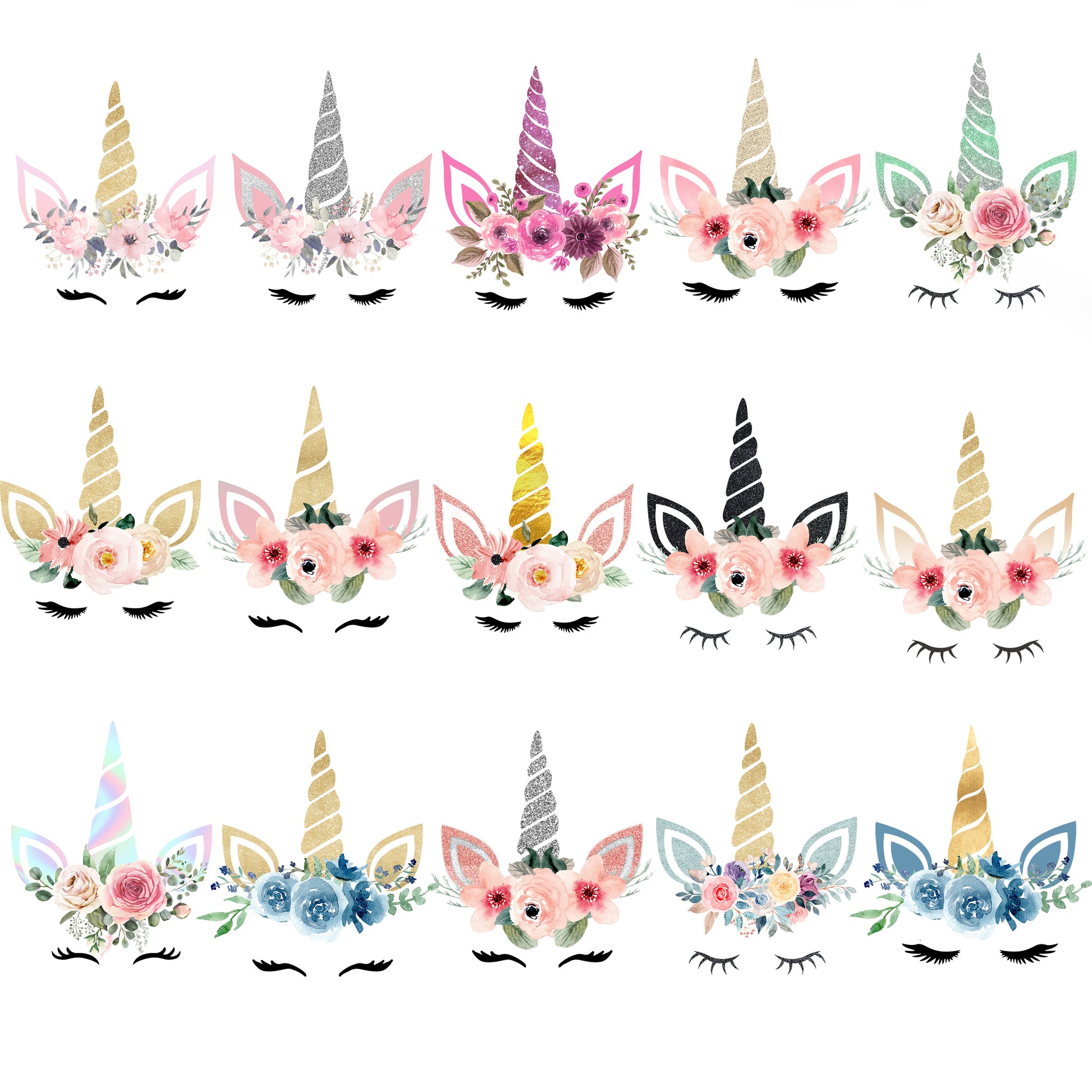 Set of unicorn headbands with floral decorations on a white background