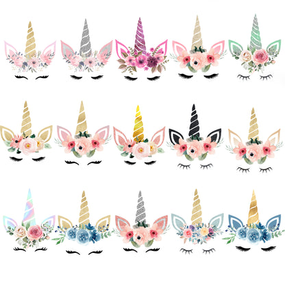Set of unicorn headbands with floral decorations on a white background