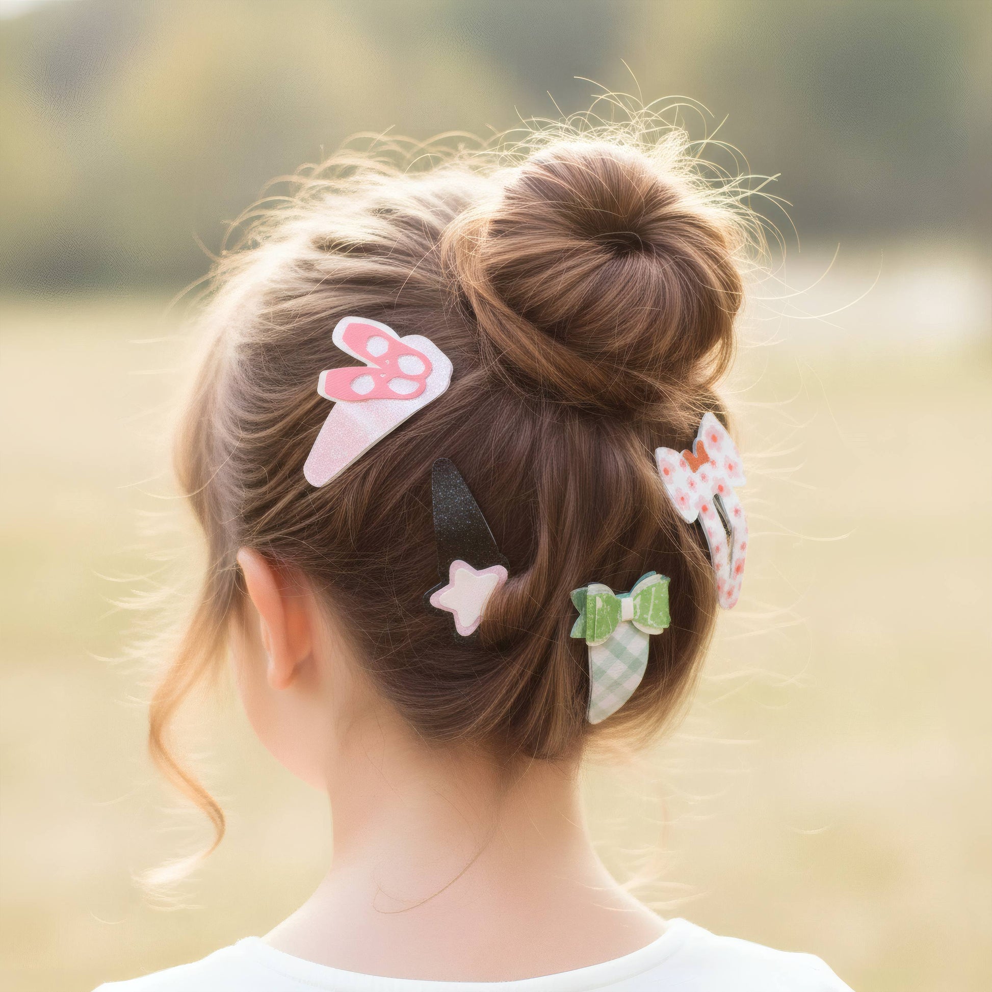 A child shown from the back with light brown hair in a messy bun, wearing three decorative hair clips in a soft outdoor setting. The clips include a pink bow-shaped clip with white polka dots, a pale pink star clip, and a green-and-white checkered bow clip.