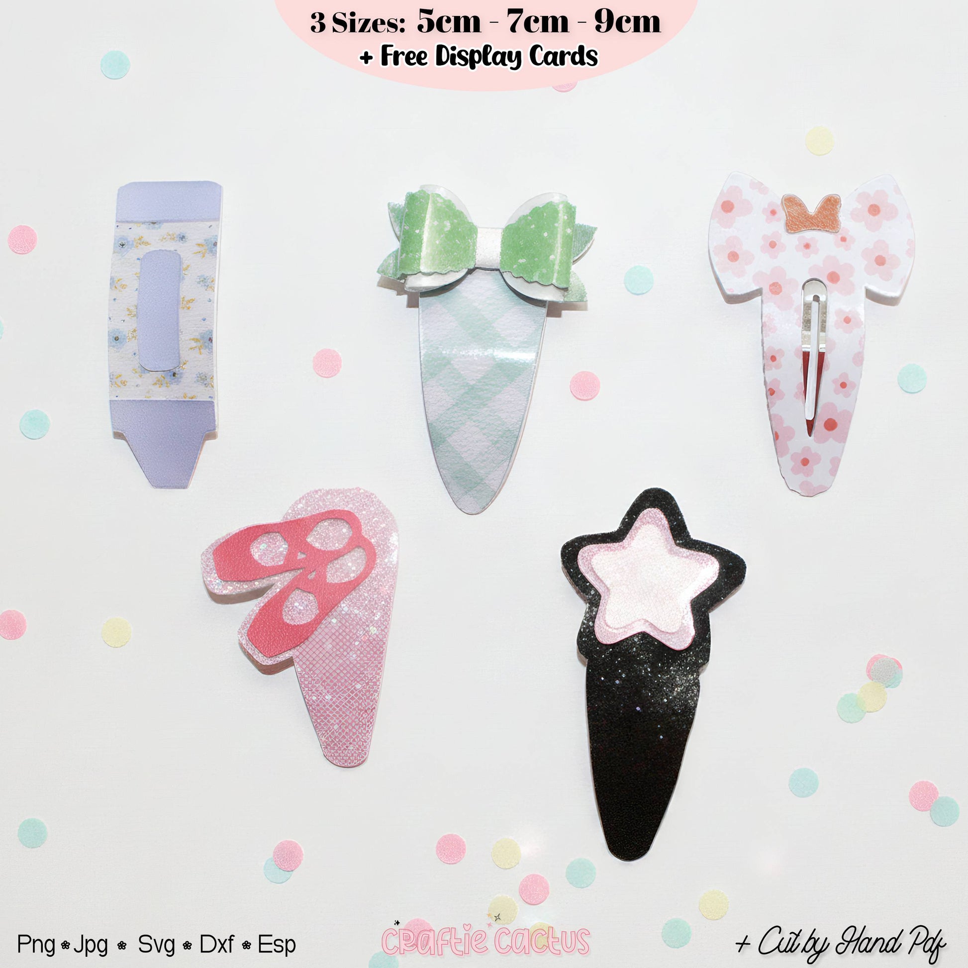 Five cute pastel hair clips arranged on a white background with scattered pastel confetti dots. The clips include a lavender pencil shape, a mint green bow-and-tail shape, a pink polka-dot elephant shape, a pink glitter sneaker shape, and a black glitter star-ice cream shape.