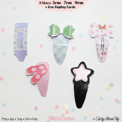 Five cute pastel hair clips arranged on a white background with scattered pastel confetti dots. The clips include a lavender pencil shape, a mint green bow-and-tail shape, a pink polka-dot elephant shape, a pink glitter sneaker shape, and a black glitter star-ice cream shape.