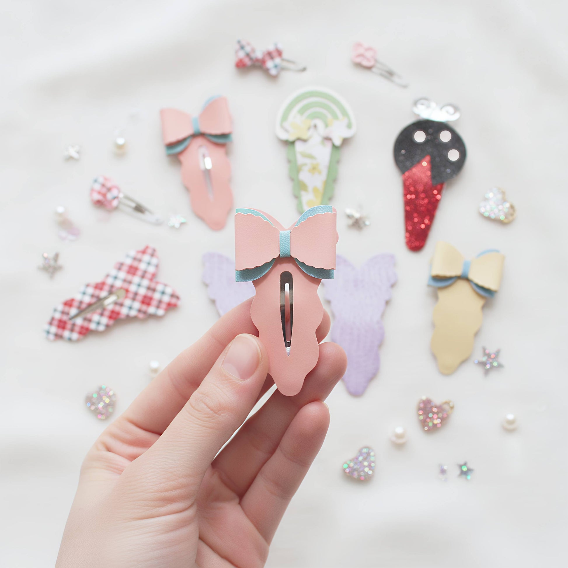 A hand holds a pink bow hair clip in the foreground, with several other pastel and patterned hair clips arranged on a white fabric background.