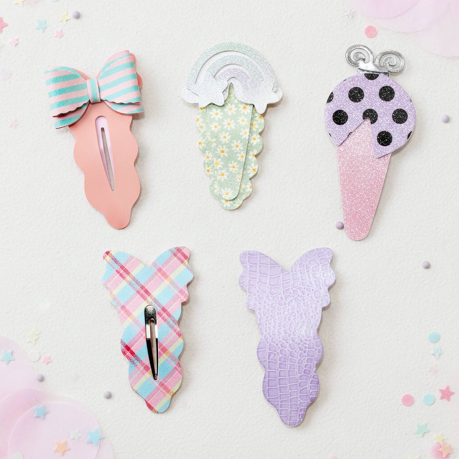 Five pastel hair claw clips styled like ice cream desserts, arranged on a light pink background with scattered pastel confetti. The clips feature pink, mint green, lavender, and plaid patterns.
