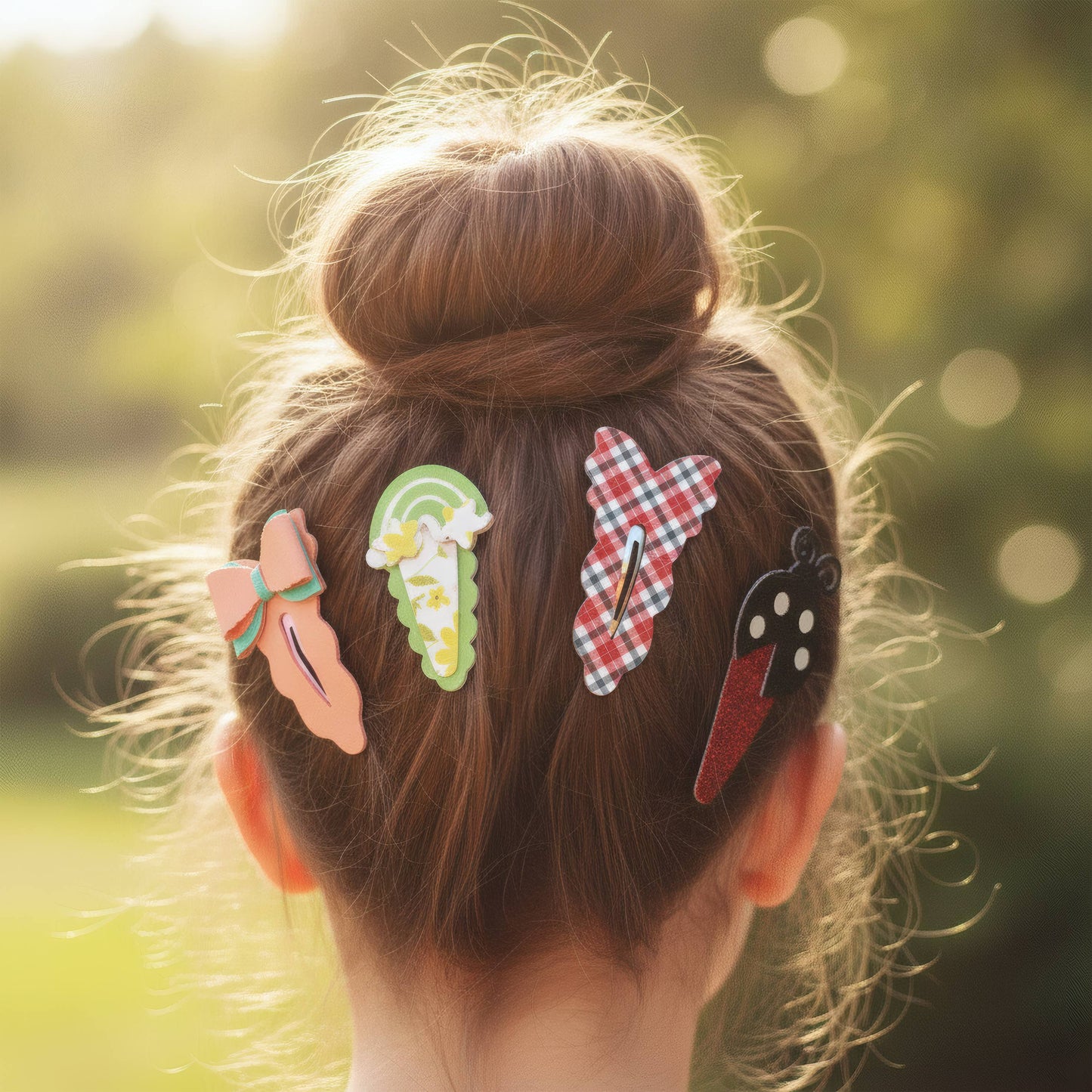 Three colorful hair clips styled in a bun on a woman's head, photographed from behind in an outdoor setting with a warm, sunlit bokeh background.