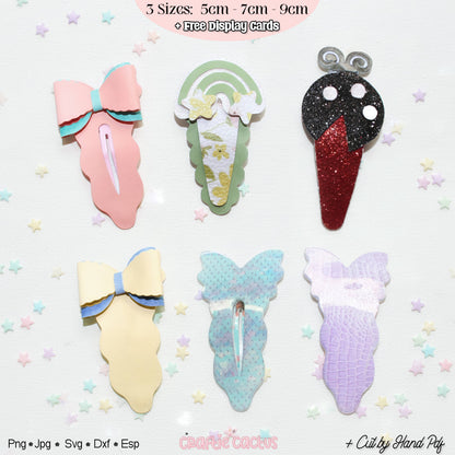 Six decorative hair claw clips shaped like pastel desserts and bows, arranged on a white background with scattered pastel stars. Text at the top says 3 sizes: 5cm, 7cm, 9cm, and free display cards.