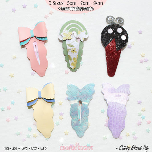 Six decorative hair claw clips shaped like pastel desserts and bows, arranged on a white background with scattered pastel stars. Text at the top says 3 sizes: 5cm, 7cm, 9cm, and free display cards.