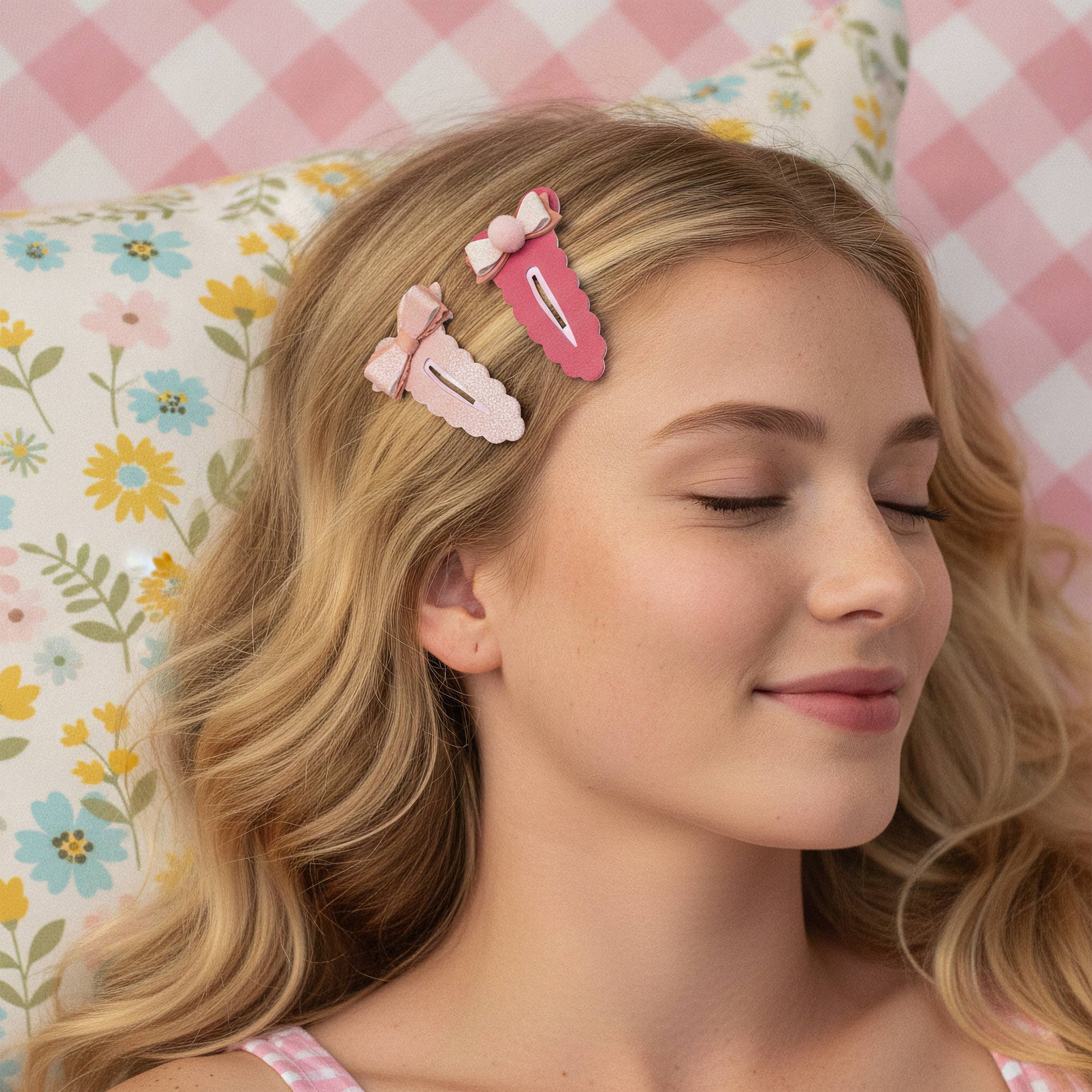 A close-up lifestyle shot of a young woman with blonde hair wearing two pink hair clips, resting against a floral and checkered pillow.