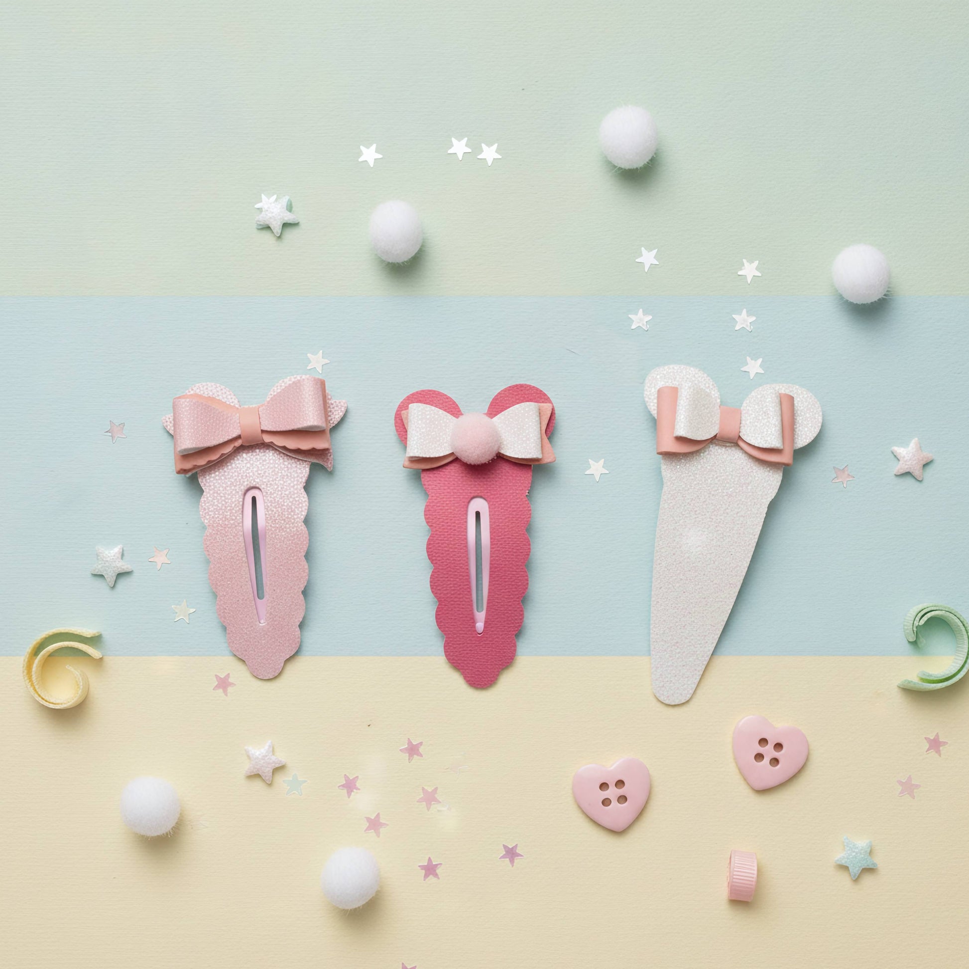 Three pastel hair claw clips arranged on a pastel striped background with stars, pom-poms, and small decorative accessories. The clips are pink, coral pink, and off-white, each with a bow detail at the top.