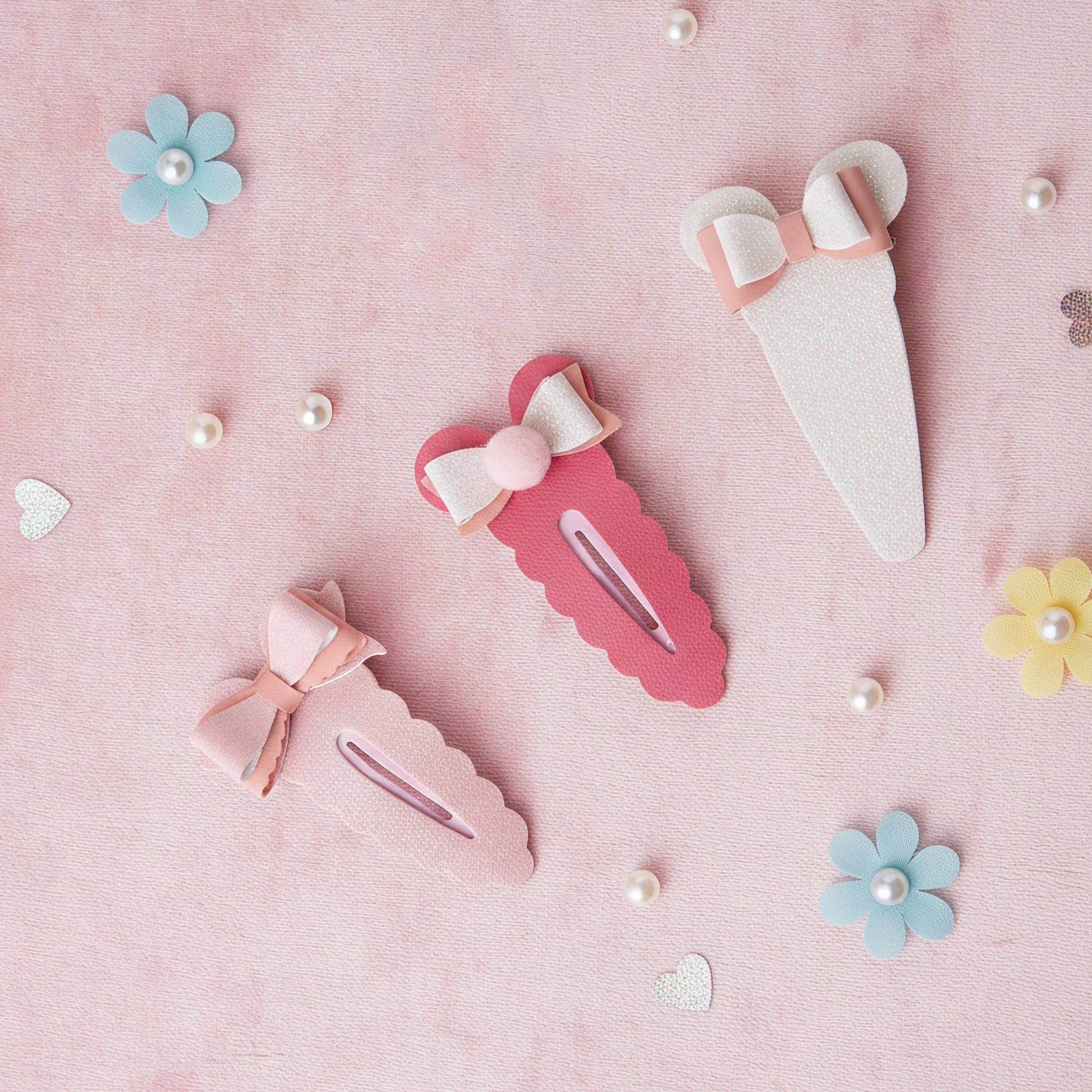Three pastel-colored hair clips arranged on a pink textured background with decorative flowers, pearls, and small hearts. The clips are white, light pink, and dark pink, each adorned with a matching bow and pearl accent.