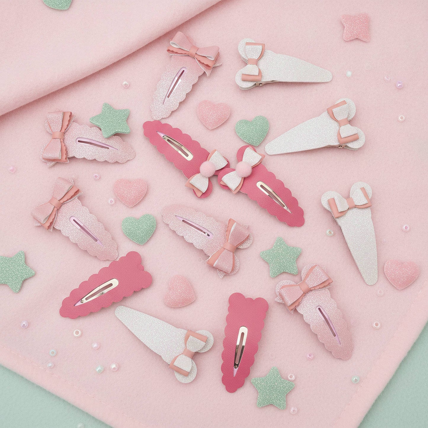 A set of pastel pink and white hair clips arranged on a soft pink fabric background with small decorative hearts, stars, and pearls.