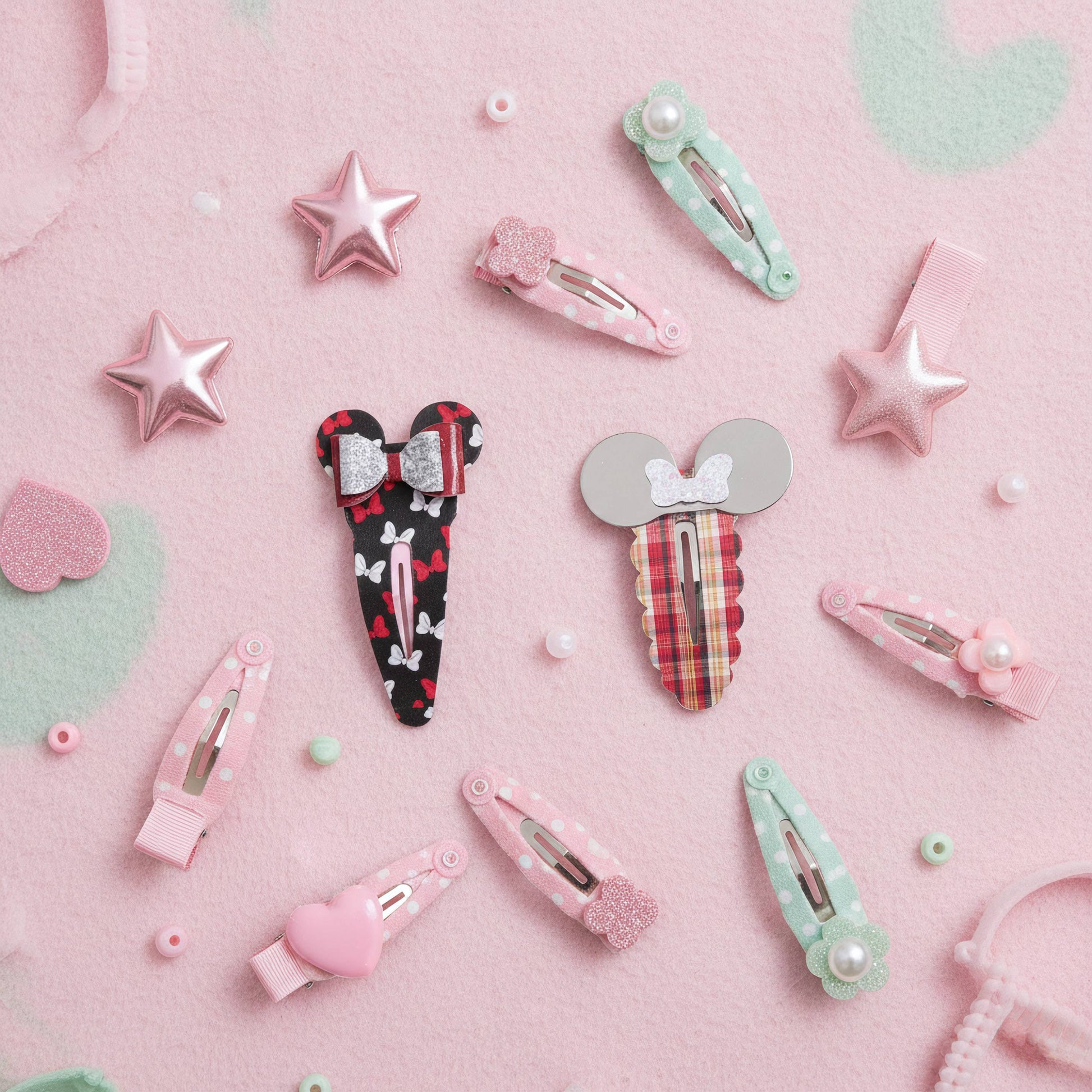 A styled flat-lay of multiple pastel mouse hair clips arranged on a pink textured background with mint green heart shapes and small pearl-like beads. The clips include pink, mint green, red plaid, black-and-white patterned, and silver-gray designs, with some featuring bow details and star or heart accents.
