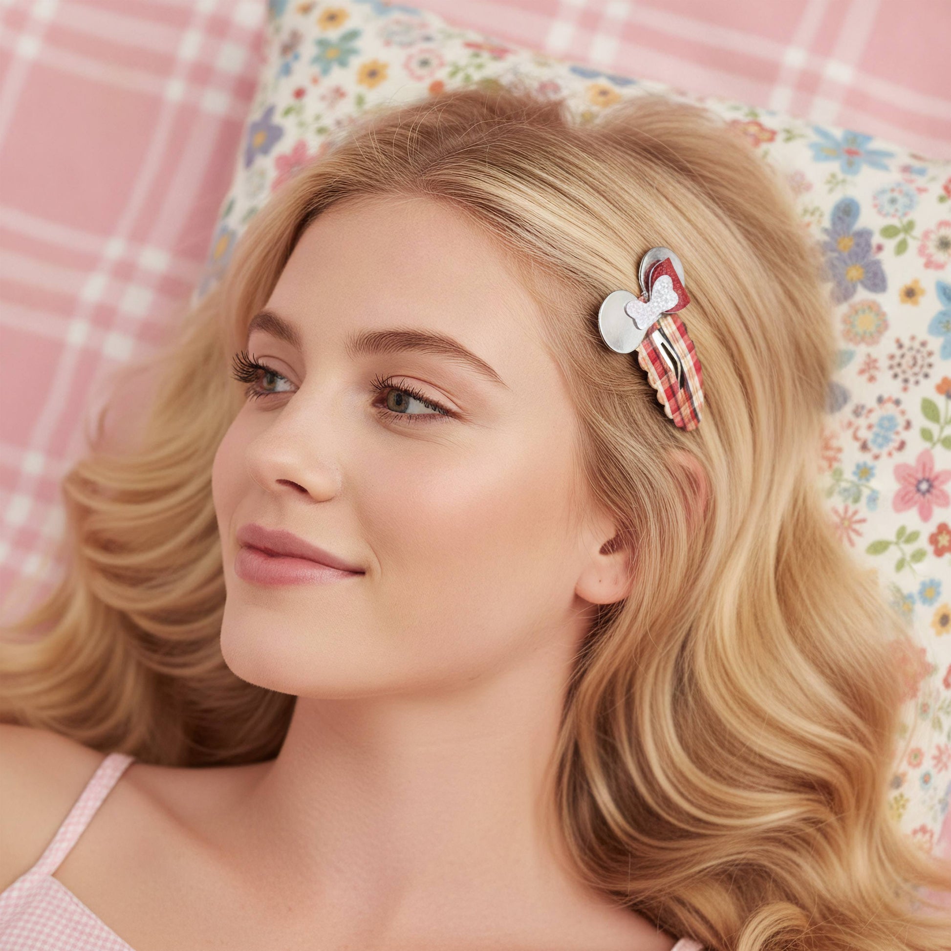 A blonde woman lying down wearing a small decorative mouse themed hair clip in her hair. The clip is white with red and pink plaid accents and a bow detail.