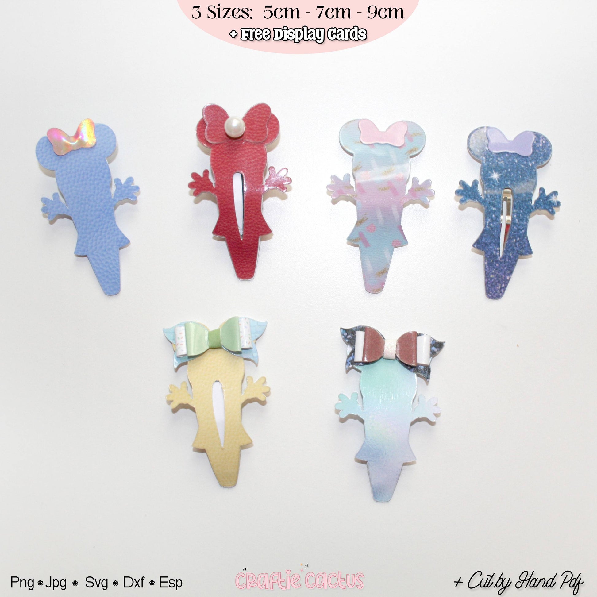 Six die-cut mouse silhouette hair clips in various colors and patterns, arranged on a white background with a pink text banner at the top and file format text at the bottom.