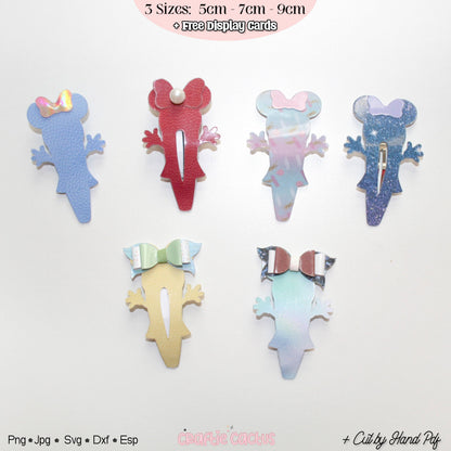 Six die-cut mouse silhouette hair clips in various colors and patterns, arranged on a white background with a pink text banner at the top and file format text at the bottom.