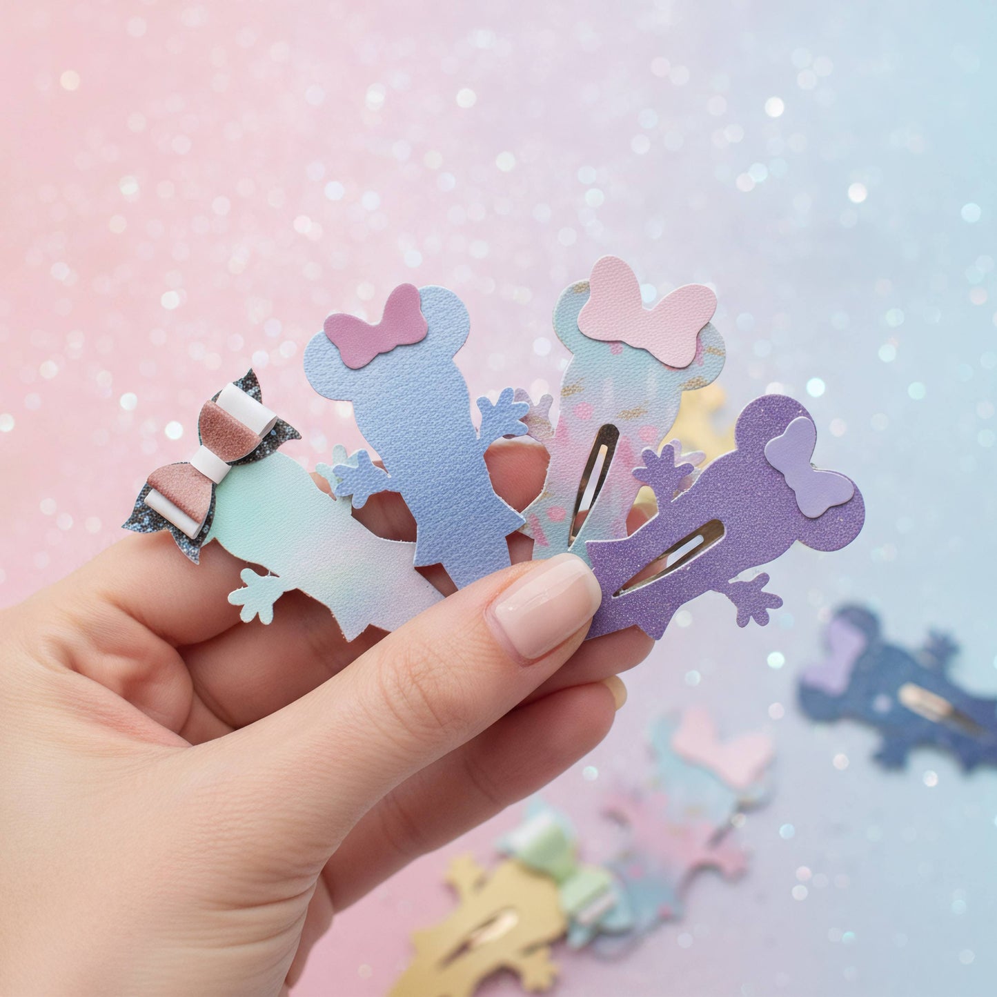 A hand holds a set of pastel-colored, mouse-shaped hair clips against a soft pink and blue glittery background.