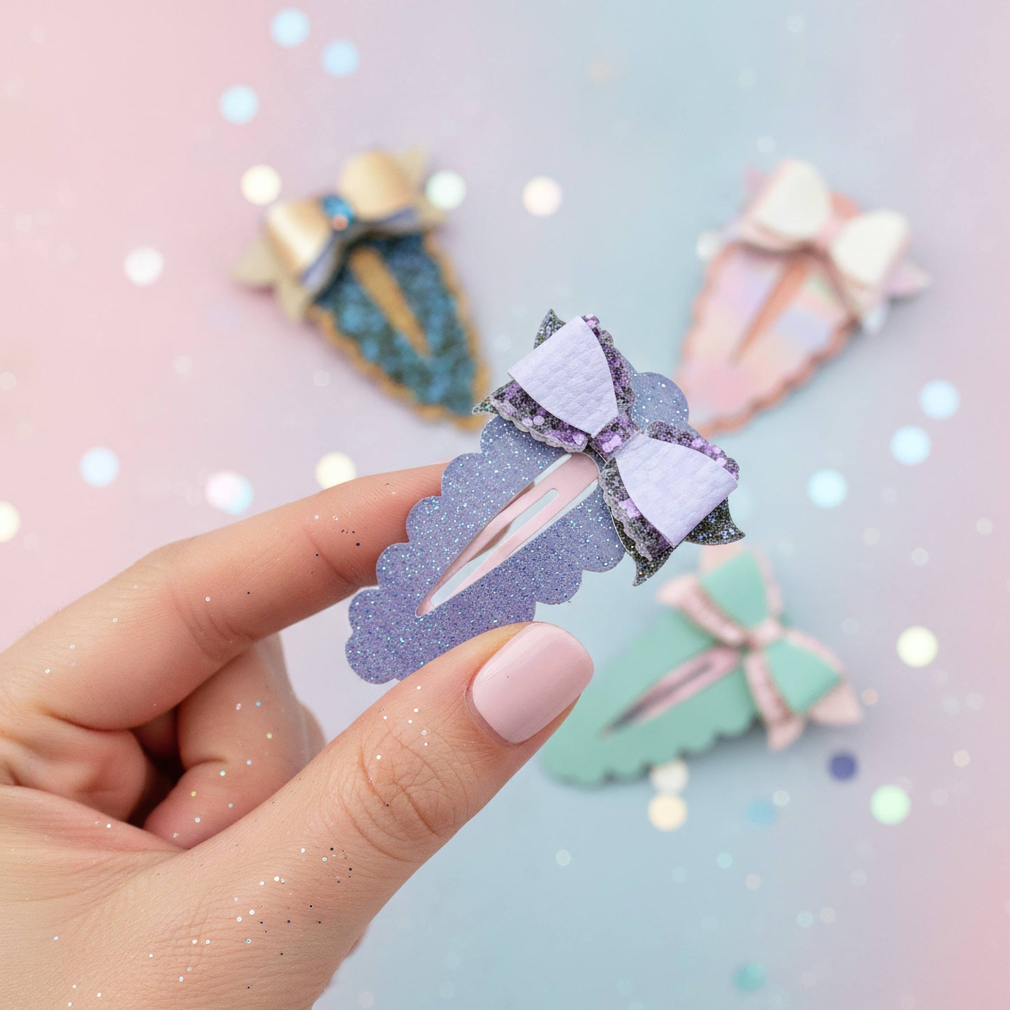 A hand with pale pink manicured nails holds a lavender glitter hair claw clip decorated with a white and lavender glitter bow. Three more matching hair clips in blue, pink, and mint green are blurred in the background against a pastel pink and blue glittery backdrop.