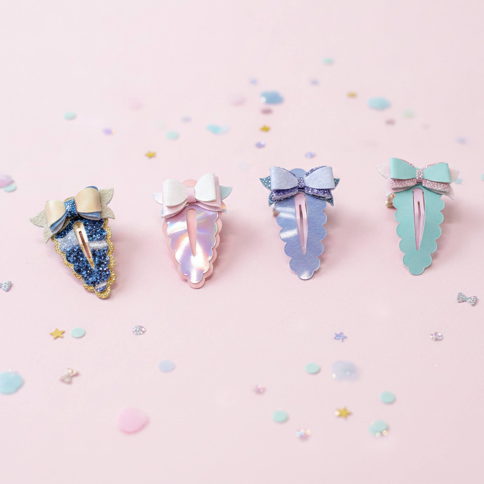 Four pastel hair claw clips arranged on a light pink background with scattered confetti. The clips feature iridescent and glittery pastel designs in blue, pink, lavender, and mint, each with a bow detail.