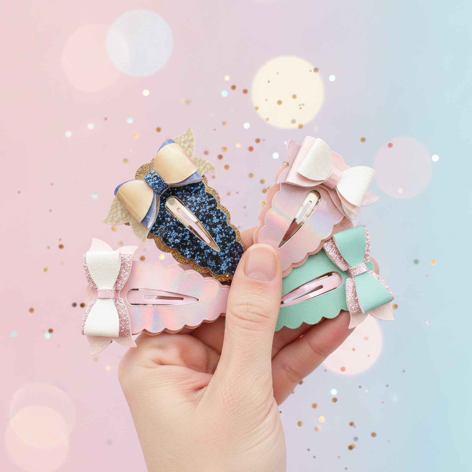 A hand holding four decorative hair clips with bows and glittery details, set against a pastel pink and blue background with bokeh circles and gold confetti.
