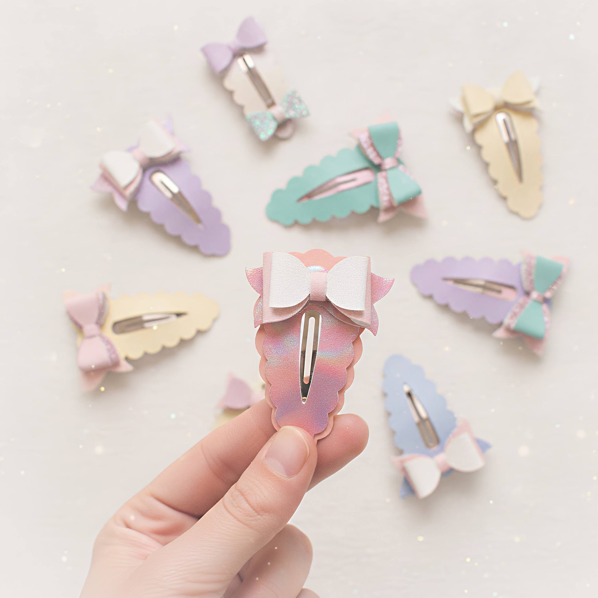 A hand holds a pastel iridescent hair clip with a white bow, surrounded by several other pastel-colored bow hair clips on a light sparkly background.