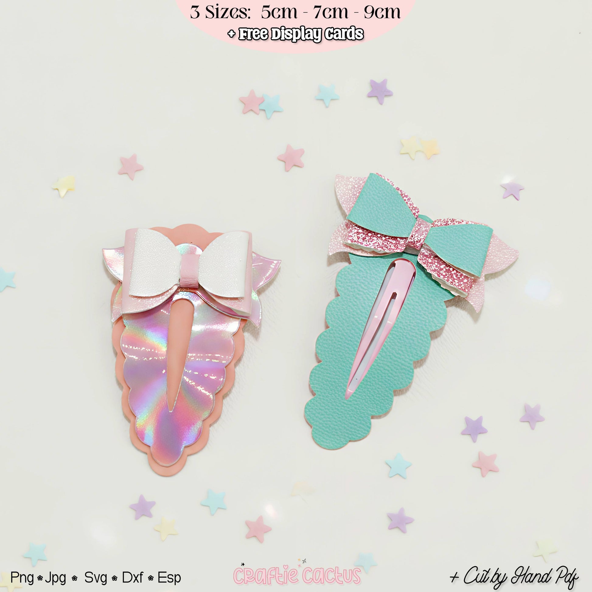 Two decorative hair clips, one pink and iridescent, the other teal and glittery, are displayed on a light background scattered with small pastel stars. The image highlights the availability of these clips in three sizes and mentions "Free Display Cards" and "Cut by Hand Pdf".
