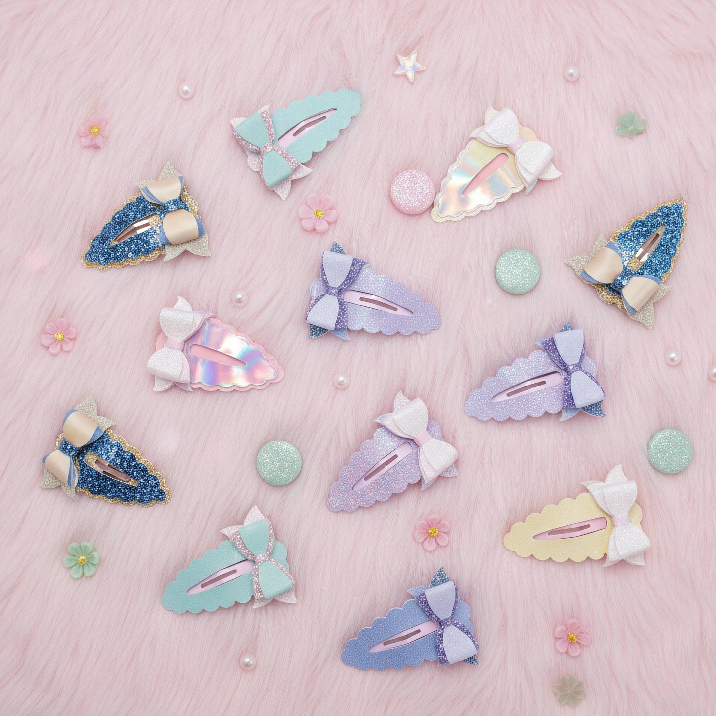 A flat-lay arrangement of pastel hair clips on a pink faux fur background. The clips feature pastel shades of blue, purple, mint green, and yellow, some with glittery finishes, iridescent holographic accents, and white bows.