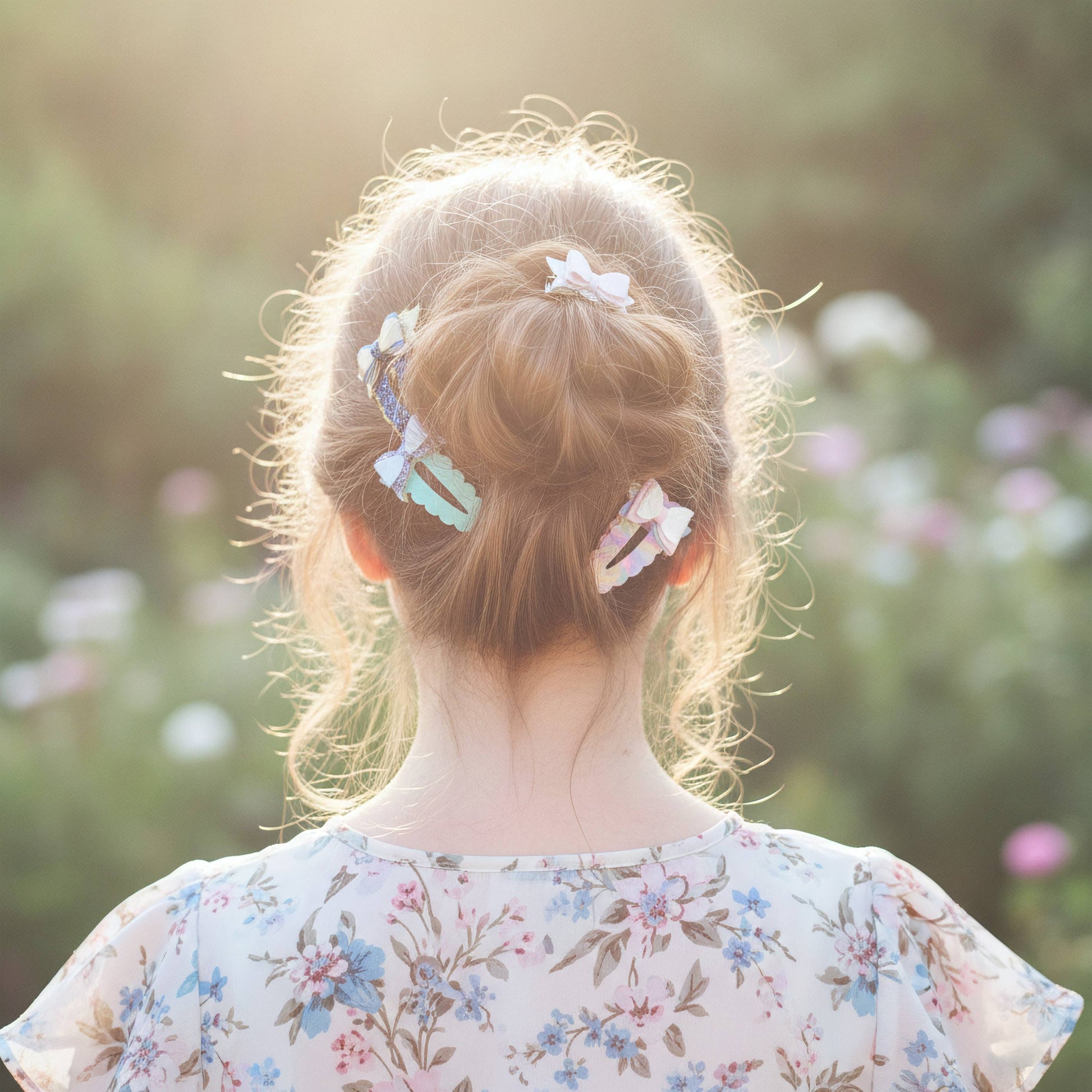 A woman viewed from behind with her hair in a loose half-up bun, styled with three pastel hair clips in a sunlit outdoor setting with blurred flowers.