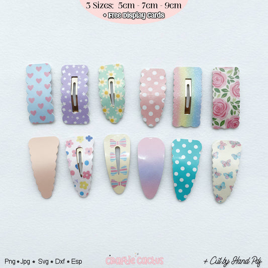Ten pastel nail art clipper designs arranged in two rows on a white background, with a pink text banner at the top reading '3 Sizes: 5cm - 7cm - 9cm' and 'Free display cards.' Small file-format text appears along the bottom edge.