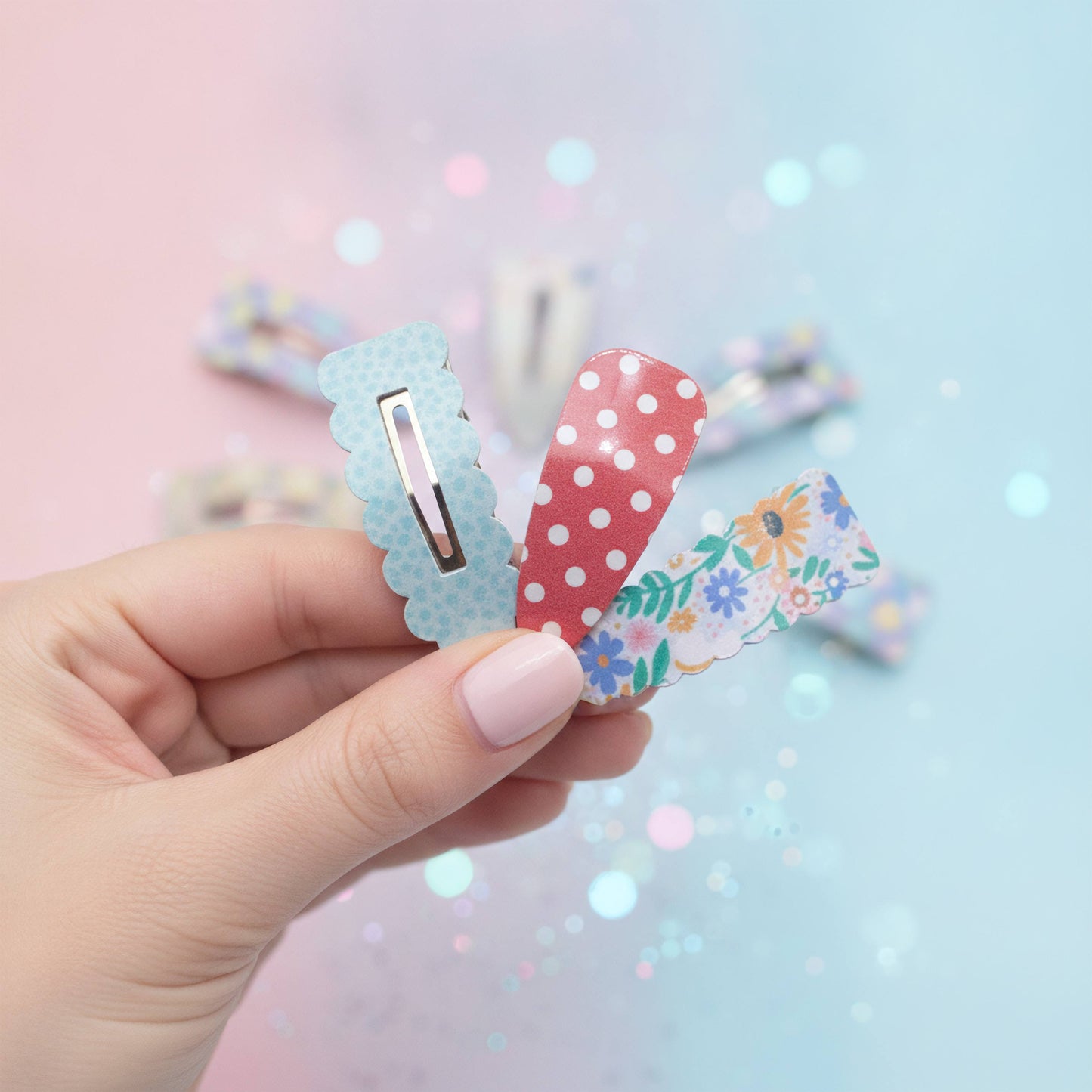 A hand with pale pink manicured nails holds three decorative paper hair clips against a pastel pink and blue background with soft bokeh light effects. The clips have scalloped edges and different patterns: light blue with white dots, coral red with white polka dots, and a multicolor floral print.