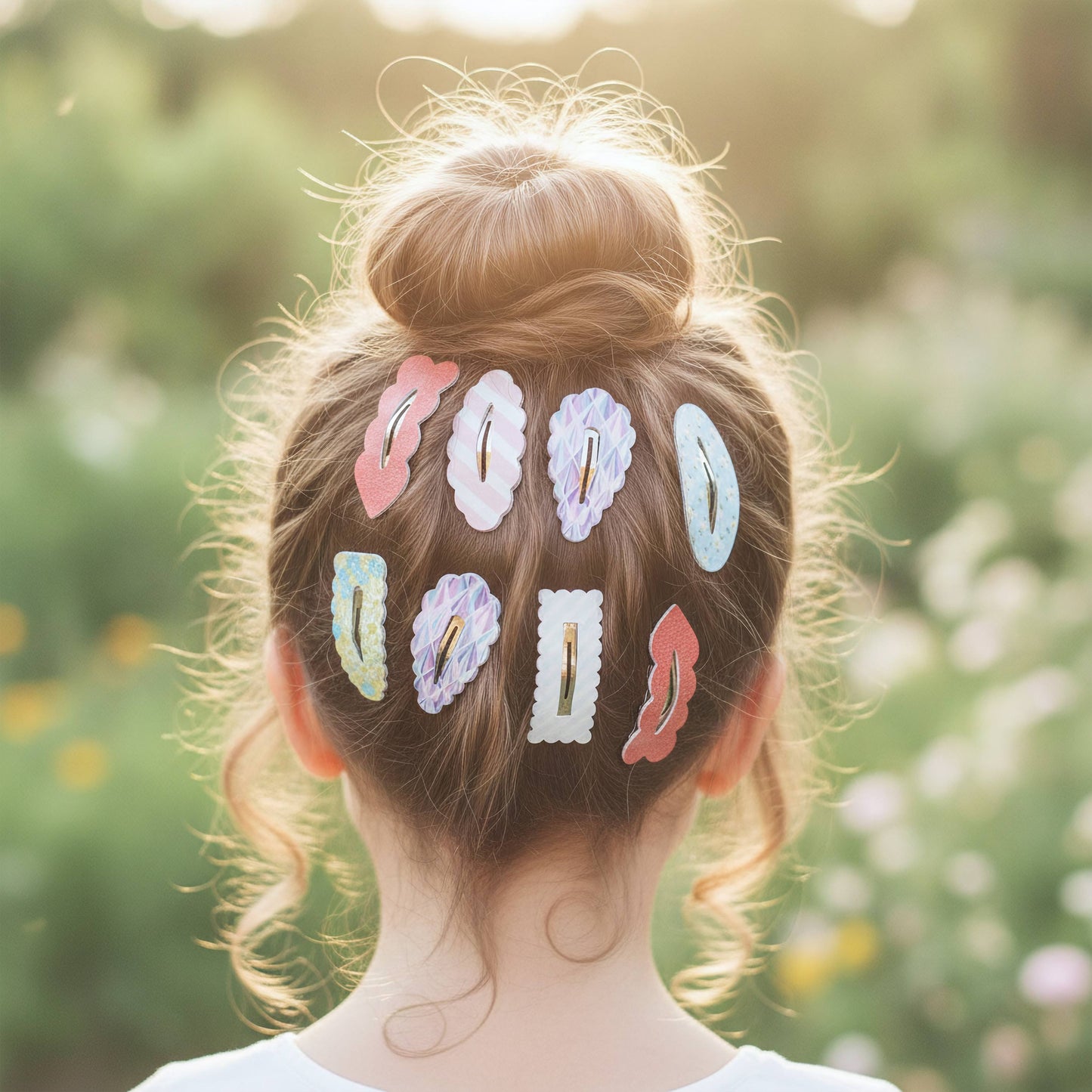 A person viewed from behind with light brown hair in a bun, wearing eight pastel-colored hair clips in a garden setting.