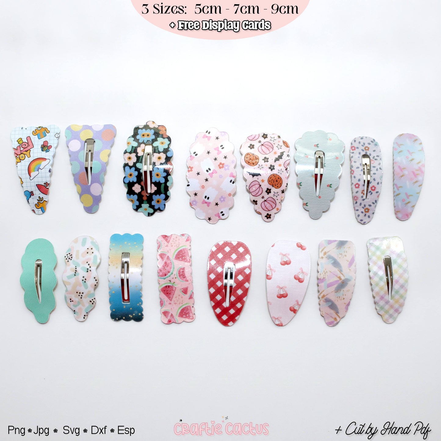 A set of decorative hair claw clips with various pastel and colorful patterns, arranged in two rows on a white background. Text at the top indicates 3 sizes (5cm, 7cm, 9cm) with free display cards, and text at the bottom lists file formats and the brand 'charlie cactus'.