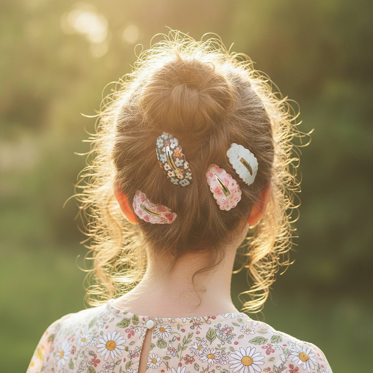 A child viewed from behind with light brown hair in a bun, wearing three decorative hair clips in a garden setting. The child is wearing a floral print top.