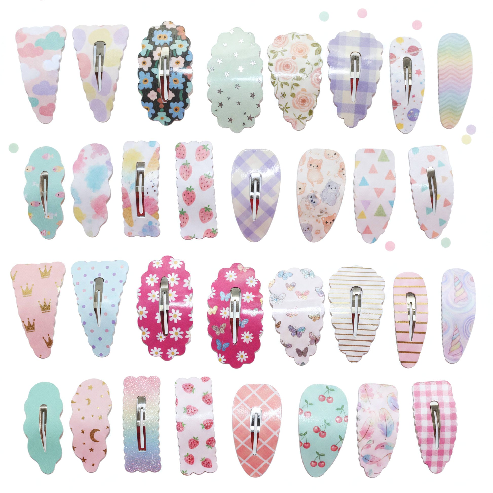 A set of 30 pastel hair clips arranged in a grid on a white background, featuring various cute patterns including strawberries, flowers, stars, clouds, and stripes.