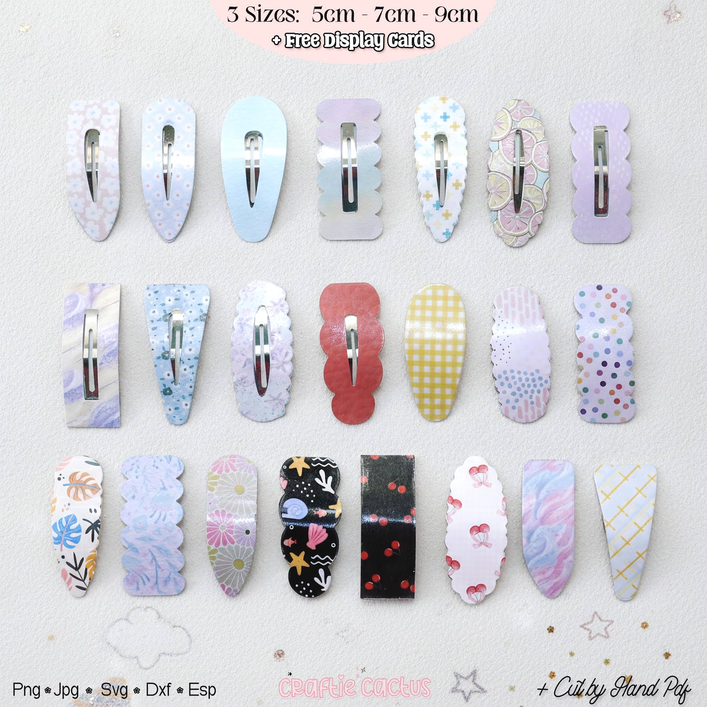 A set of decorative hair claw clips arranged in rows on a light textured background. The clips feature various pastel patterns including florals, polka dots, gingham, stripes, and abstract prints in shades of lavender, blue, pink, yellow, black, and white.