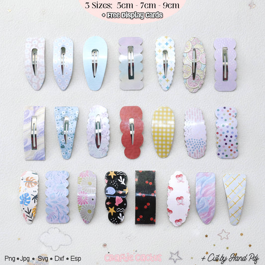 A set of decorative hair claw clips arranged in rows on a light textured background. The clips feature various pastel patterns including florals, polka dots, gingham, stripes, and abstract prints in shades of lavender, blue, pink, yellow, black, and white.