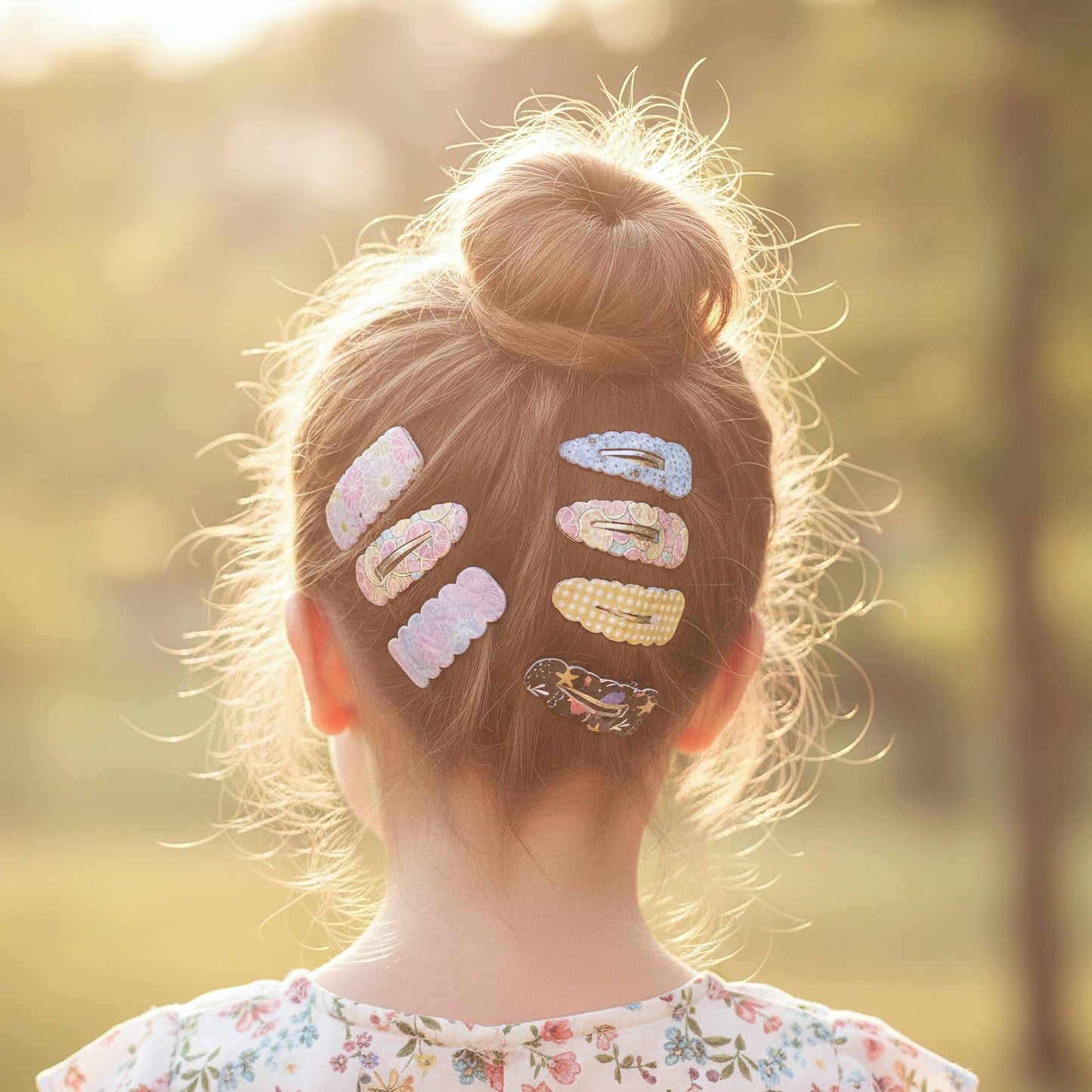 A child viewed from behind with their hair in a bun, wearing six decorative hair clips in pastel colors and patterns against a warm, blurred outdoor background.