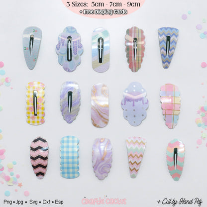 A set of 15 pastel nail clip art designs arranged in a grid on a white background with decorative confetti. The designs feature various patterns including chevron, gingham, marble, and plaid in soft pastel colors.