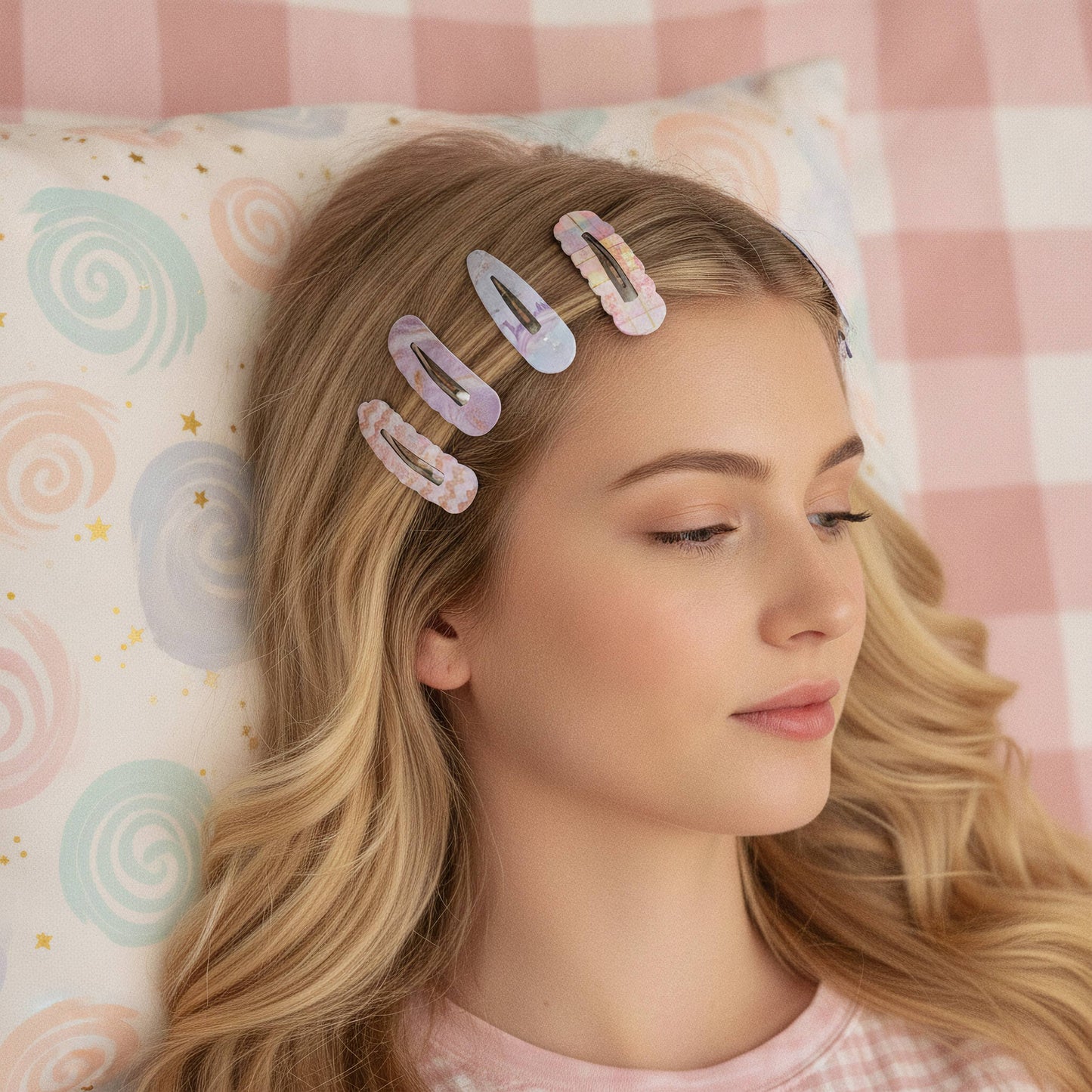 A blonde woman lying down on a patterned pillow, wearing four pastel-colored hair clips in lavender, pink, and light blue.