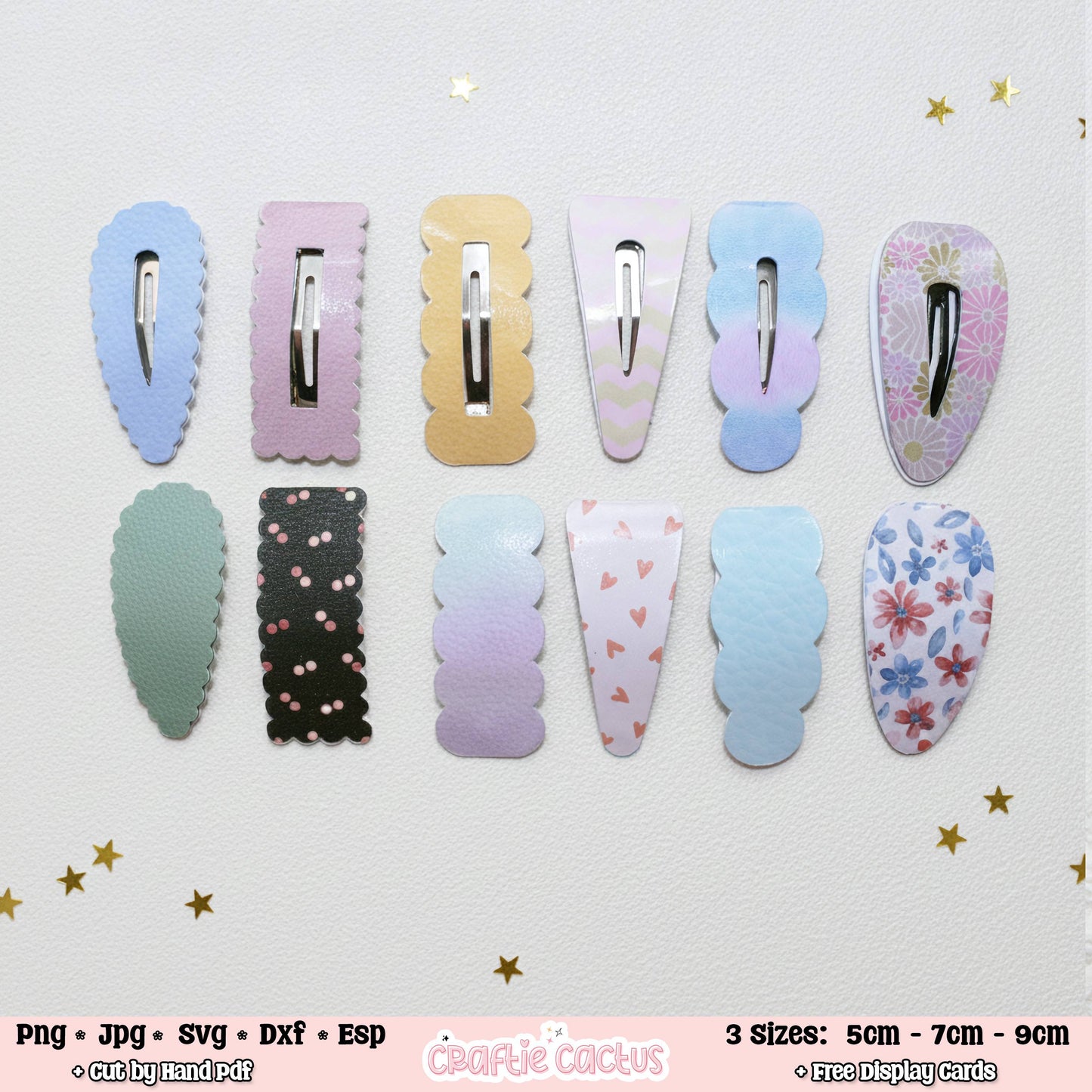 Ten pastel hair claw clips arranged in two rows on a white textured background with small gold star accents. The clips come in multiple colors and patterns, including solid light blue, lavender, mint green, black with pink dots, pastel gradient, pink with heart prints, and floral prints.