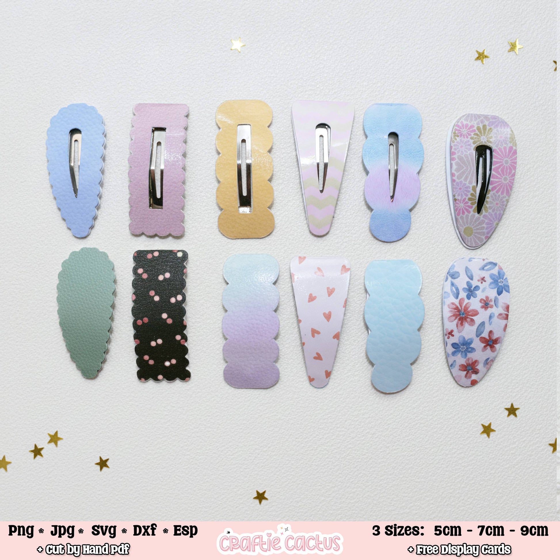 Ten pastel hair claw clips arranged in two rows on a white textured background with small gold star accents. The clips come in multiple colors and patterns, including solid light blue, lavender, mint green, black with pink dots, pastel gradient, pink with heart prints, and floral prints.
