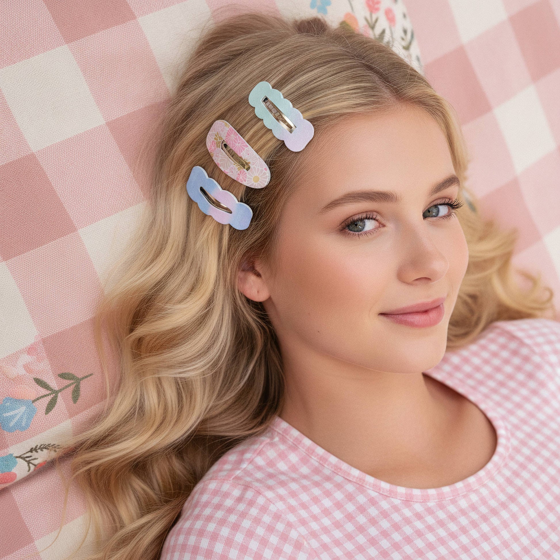 Three pastel-colored hair clips with gold metal accents are shown on a model's blonde hair. The model is wearing a pink and white gingham top and lying on a matching pink and white gingham pillow with floral accents.