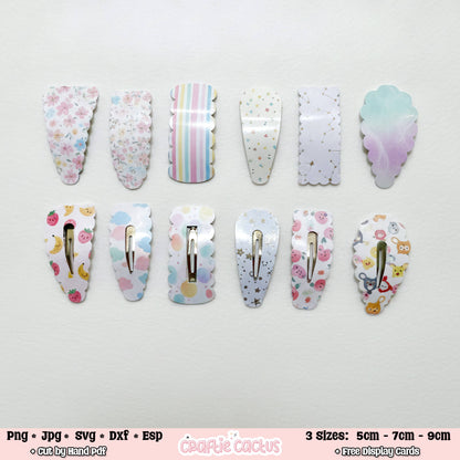 Ten pastel decorative hair claw clips arranged in two rows on a white background, with file-format text at the bottom and size/free display card info at the bottom right.