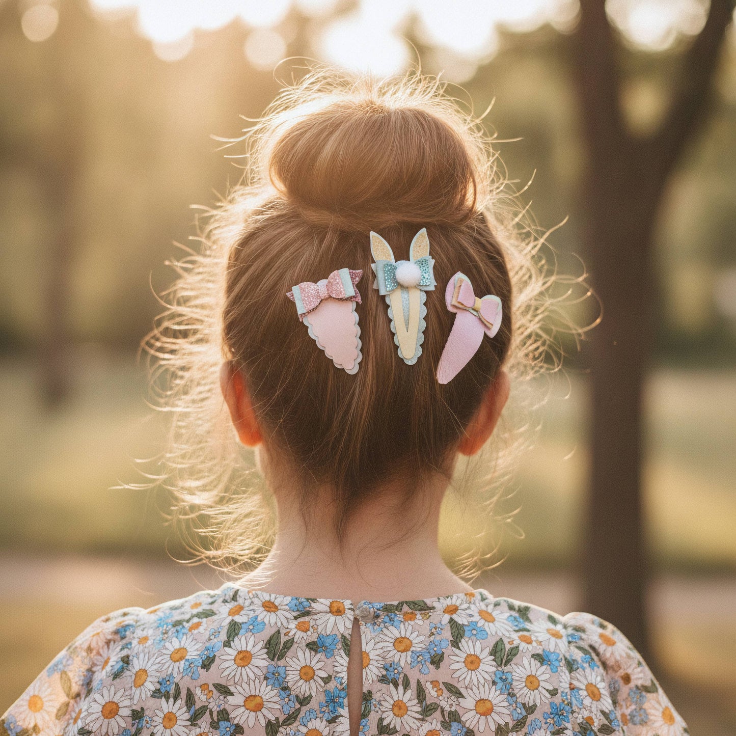 Three pastel hair clips in pink, white, and blue are shown in use, holding back the hair of a young girl viewed from behind in an outdoor park setting with warm sunlight.