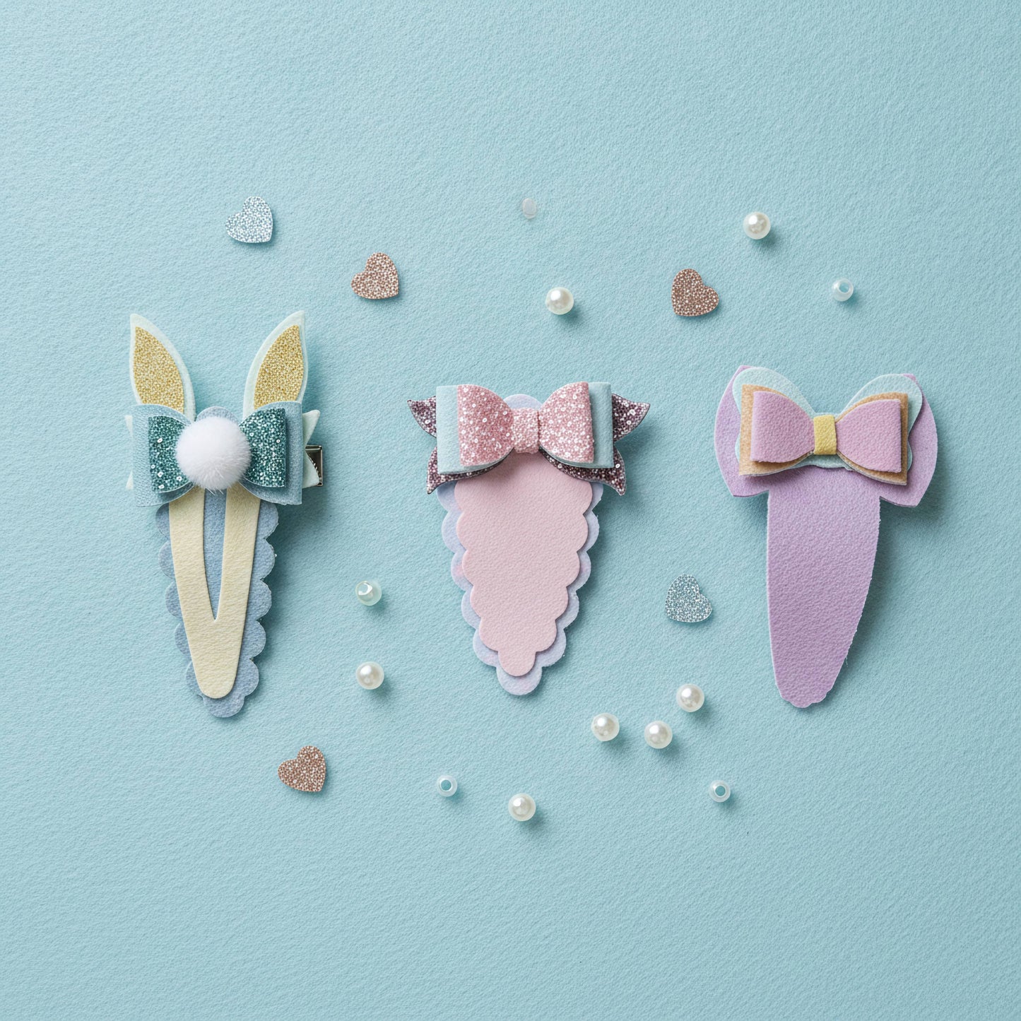 Three pastel hair claw clips arranged on a light blue background with scattered pearl beads and glitter heart confetti. The clips feature bunny ears and bow designs in soft pastel colors including lavender, pink, mint, and cream.