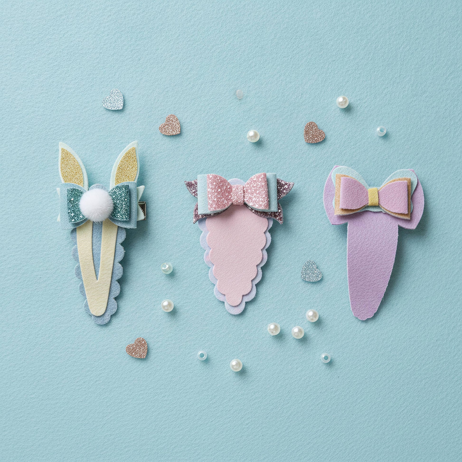 Three pastel hair claw clips arranged on a light blue background with scattered pearl beads and glitter heart confetti. The clips feature bunny ears and bow designs in soft pastel colors including lavender, pink, mint, and cream.