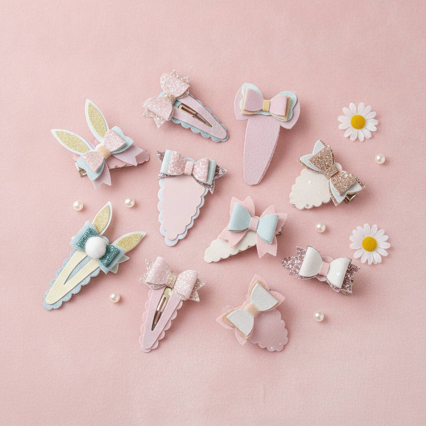 A set of pastel hair clips arranged on a soft pink background, including bow, bunny-ear, scalloped, and glitter styles in pink, blue, white, and gold tones, with small daisy props and pearl beads around them.