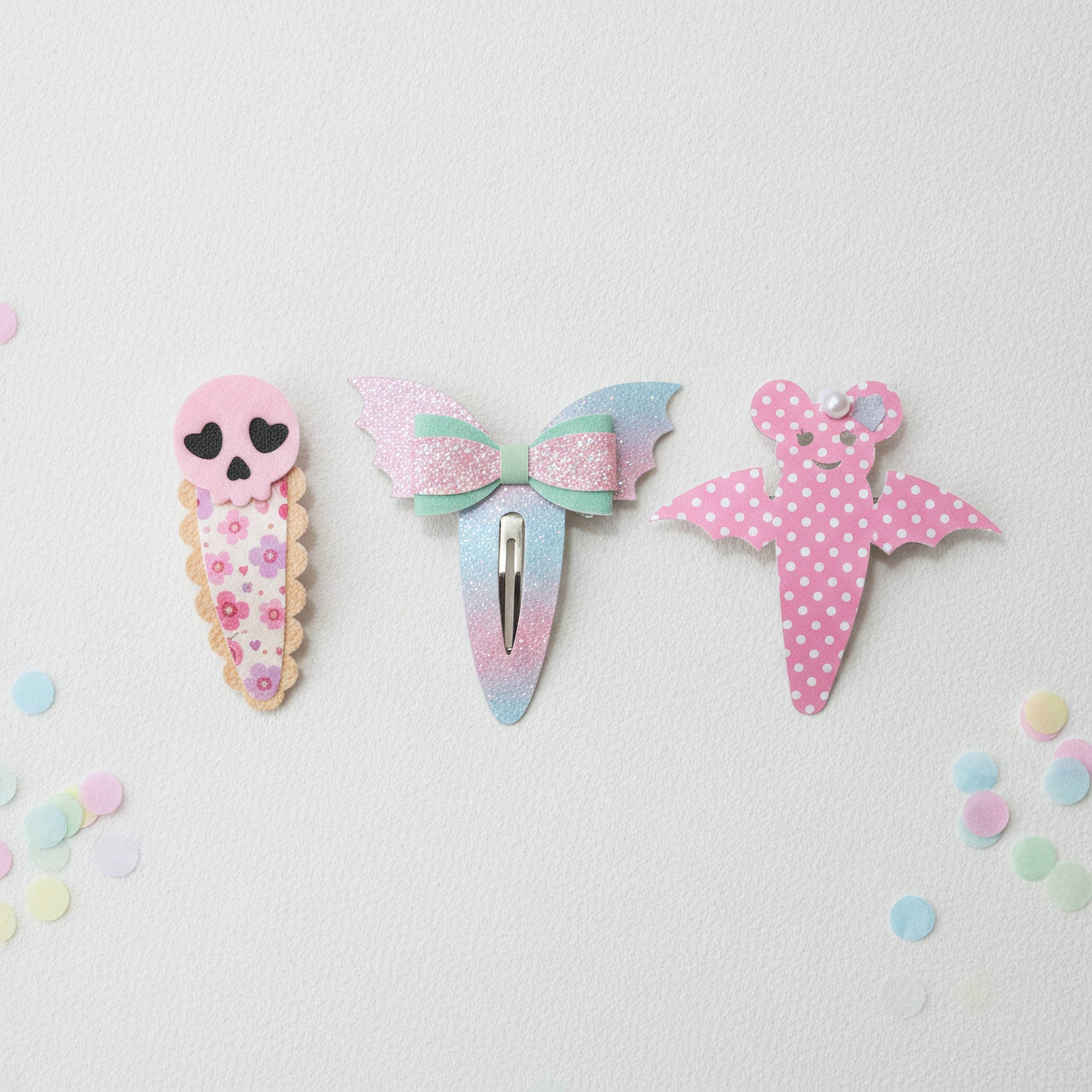 Three cute paper hair clips styled like an ice cream cone, a pastel bow with wings, and a pink polka dot angel, arranged on a white textured background with scattered pastel confetti.