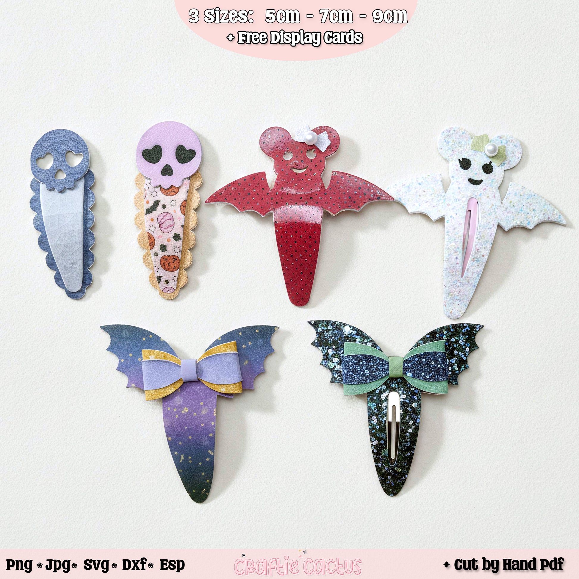Six cute Halloween-themed hair clips displayed on a light background, featuring a blue skull clip, a pink skull ice cream clip, a red bat clip, a white ghost clip, a purple galaxy bat clip with a lavender bow, and a black glitter bat clip with a mint green bow. Text overlays indicate file formats and sizes.