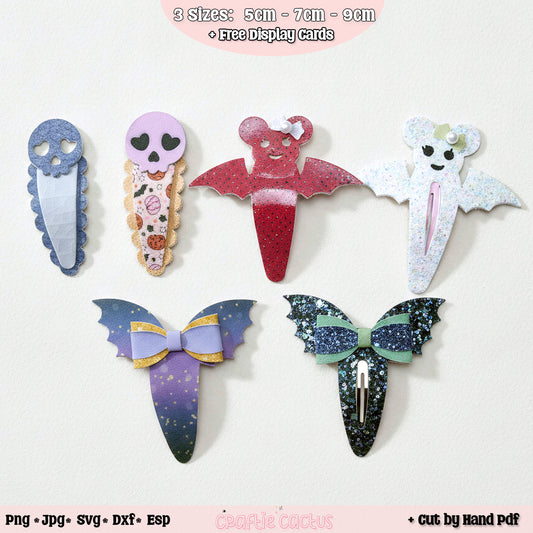 Six cute Halloween-themed hair clips displayed on a light background, featuring a blue skull clip, a pink skull ice cream clip, a red bat clip, a white ghost clip, a purple galaxy bat clip with a lavender bow, and a black glitter bat clip with a mint green bow. Text overlays indicate file formats and sizes.